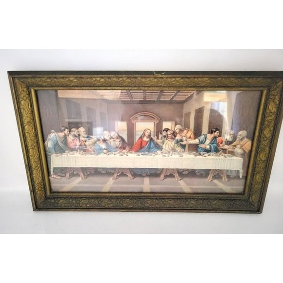 Framed vintage Jesus -The Last Supper art. Intricate textured frame. 17" long - Picture 1 of 6